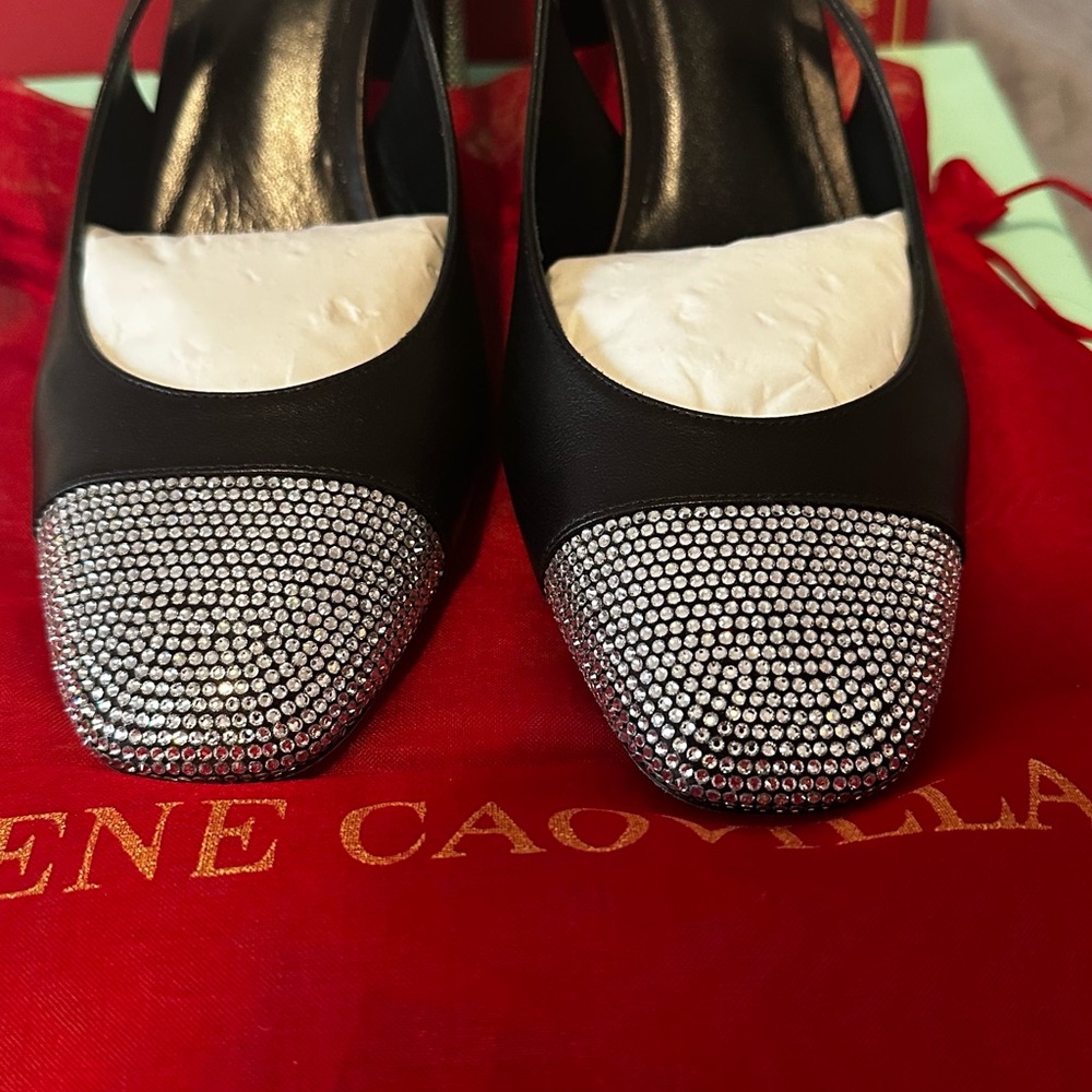 Rene Caovilla Black Heels with Silver Embellishments